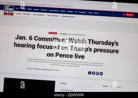 'Capitol hearing' being shown live on the Fox News website during day 3 of the January 6th Committee hearing,16th June 2022. Stock Photo