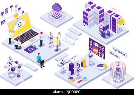 Robotic automation isometric composition with people working with robots on white background 3d vector illustration Stock Vector