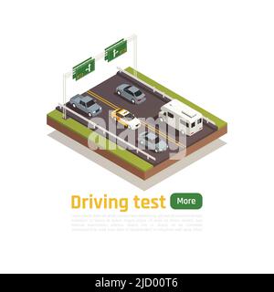 Driving school isometric composition with editable text more button and images of motorway with training vehicle vector illustration Stock Vector