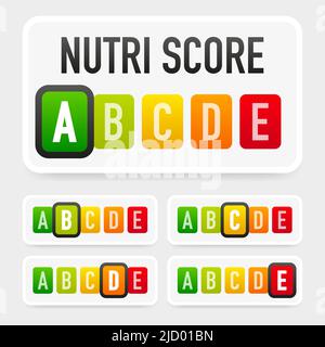 Packaging with green nutri score. Different nutri level. Vector illustration. Stock Vector
