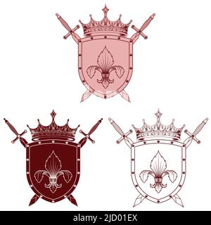 Crowned heraldic shield with lily flower and two swords. heraldic shield of the middle ages Stock Vector