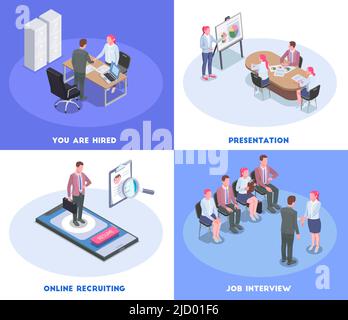 Isometric colored recruiting human resources 2x2 design concept with candidates having job interview 3d isolated vector illustration Stock Vector