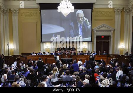 Washington, United States. 16th June, 2022. An image of former Vice President Mike Pence on the night of January 6th is displayed as the House select committee investigating the Jan. 6 attack on the U.S. Capitol holds a public hearing to discuss its findings of a year-long investigation, on Capitol Hill in Washington, DC on Thursday June 16, 2022. Pool photo by Drew Angerer/UPI Credit: UPI/Alamy Live News Stock Photo