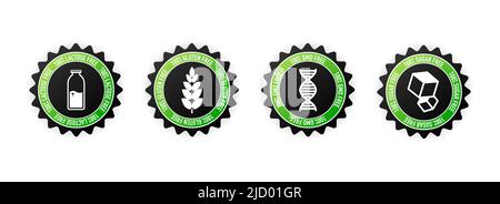 Flat icon with lactose gluten gmo sugar free stamp. Organic signs. Vector illustration. Stock Vector