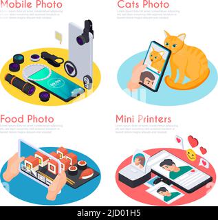 Isometric 2x2 design concept with cats and food mobile photos mini printers and various tools 3d isolated vector illustration Stock Vector