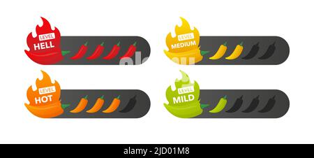 Hot pepper strength scale indicator with mild, medium, hot and hell positions. Chilli level. Vector illustration. Stock Vector