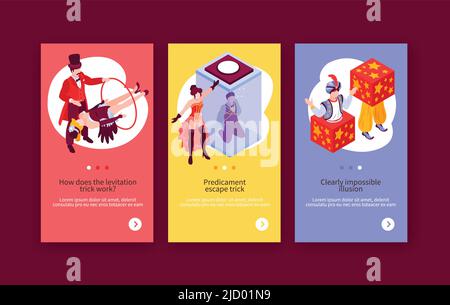 Isometric magician showing vertical banners set with doodle human characters editable text and switch page buttons vector illustration Stock Vector