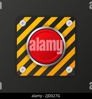 Yellow alarm button on red background. Vector web button. Click, Stop sign. Stock Vector