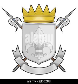 Middle ages heraldic shield vector design, coat of arms with fleur de lis heraldic symbol, with halberd, crown and ribbon Stock Vector