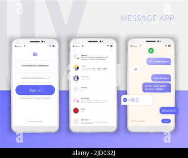 Realistic mobile phone user interface messenger chat app template composition with mockup images of three screens vector illustration Stock Vector