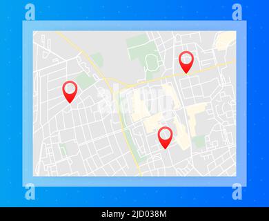 City map with pins. Gps navigation route with pointers. Town roads and residential blocks. Stock Vector