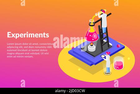 Chemistry isometric composition with gradient background editable text and images of glass tubes with scientists characters vector illustration Stock Vector