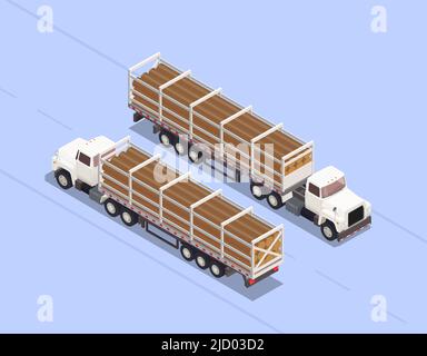 Two trailers loaded with logs of wood isolated on blue background 3d isometric vector illustration Stock Vector