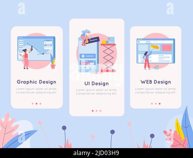 Set of three web development vertical banners with flat doodle images background and page switch buttons vector illustration Stock Vector