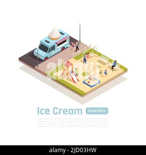 Isometric street carts trucks colored composition with ice cream truck stopped near the playground vector illustration Stock Vector