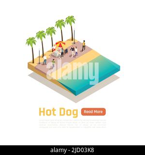 Colored isometric street carts trucks composition with hot dog cafe on wheels vector illustration Stock Vector