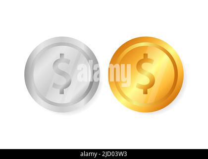 Two realistic coins on a white background. Business concept. Gold and silver. Vector illustration. Stock Vector