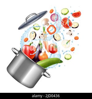 Realistic water splash pot composition with blank background and image of cooker with vegetables and drops vector illustration Stock Vector