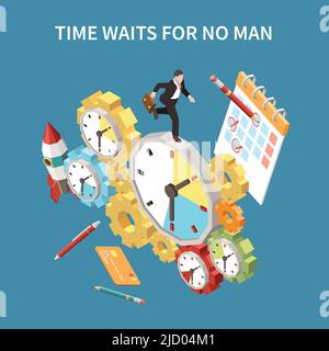 Time planning concept with waiting and deadline symbols isometric vector illustration Stock Vector