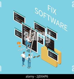 Programming work concept with online support symbols isometric vector illustration Stock Vector