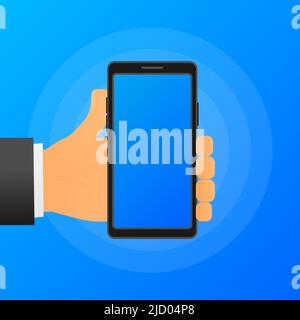 Hand holds phone with blue screen. Phone on blue background. Vector illustration. Stock Vector