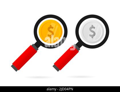 Magnifying glass with gold and silver coins on white background. Business concept. Vector illustration. Stock Vector