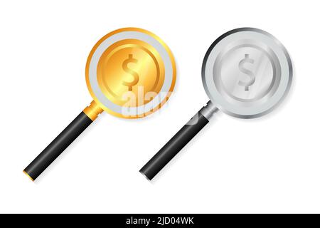 Magnifying glass with gold and silver coins on white background. Business concept. Vector illustration. Stock Vector