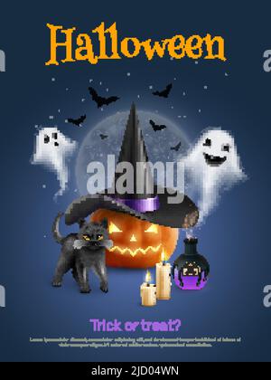 Realistic halloween poster with pumpkin black cat and cute ghosts on background with moon and flying bats vector illustration Stock Vector