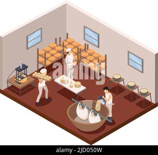 Dairy production concept with cheese making symbols isometric vector illustration Stock Vector