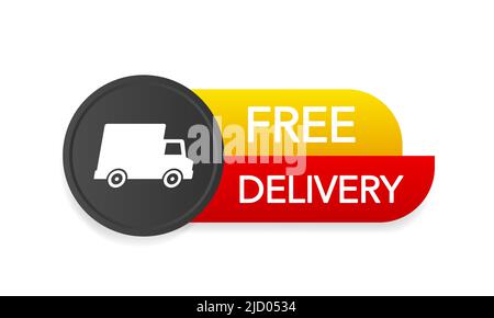 Free delivery service badge. Fast time delivery order with car on white background. Vector illustration. Stock Vector