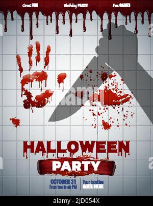 Creepy halloween party invitation poster with shadow of hand holding knife and blood splatter on wall realistic vector illustration Stock Vector