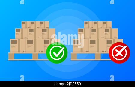 Two parcels with yes or no signs on a blue background. Delivered or not. Vector illustration. Stock Vector