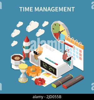 Time management concept with deadline at work symbols isometric vector illustration Stock Vector