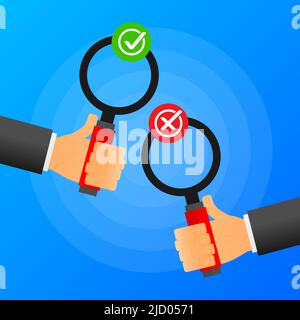 Hands holds lens glass yes or no. Green or red banner on blue background. Vector illustration. Stock Vector