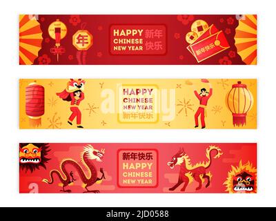 Happy chinese new year greetings celebration symbols lantern dragon mask 3 golden red horizontal banners vector illustration Stock Vector