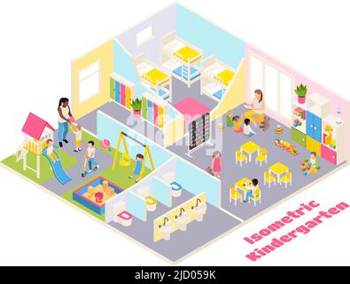 Kindergarten isometric composition with text and indoor view of different rooms with furniture toys and kids vector illustration Stock Vector