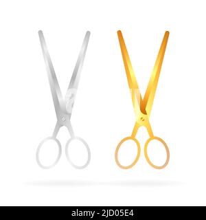 Paper art ribbon with gold and silver realistic scissors on white background. 3d vector. Stock Vector