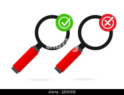 Magnifying glass and a tick and cross icons. Test concept. Search for an answer. Yes and No sign. Dos and Donts. Vector illustration. Stock Vector