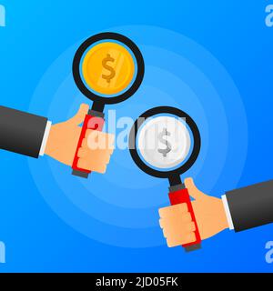 Hands holds lens glass with silver and gold money. Blue background. Vector illustration. Stock Vector