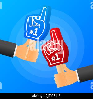 Hands hold red and blue of handsome fan hand glove with foam finge. Vector illustration. Stock Vector