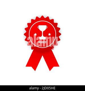 Winner red rubber badge with red ribbon on white background. Realistic object. Vector illustration. Stock Vector