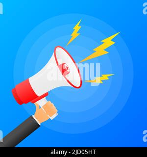 Hands hold red megaphone. Flat loudspeacker on blue background. Vector illustration. Stock Vector