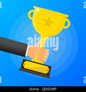Winner cup in gold color. Hand hold trophy. Vector illustration. Stock Vector