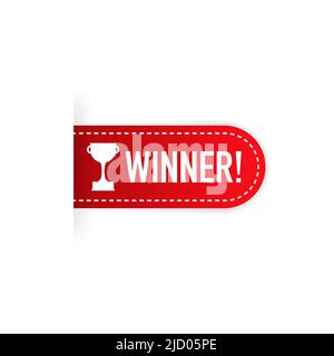 Winner red rubber label with red ribbon on white background. Realistic object. Vector illustration. Stock Vector