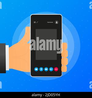 Hand holds phone with a video call on screen. Phone on blue background. Vector illustration. Stock Vector