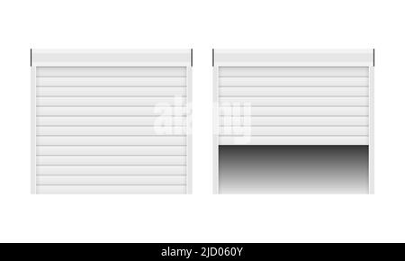 Vector of realistic door with rolling shutters on white background. Open and closed. Vector illustration. Stock Vector