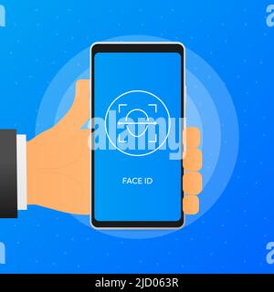 Hand holds phone with scan face ID to unblock on screen. Phone on blue background. Vector illustration. Stock Vector