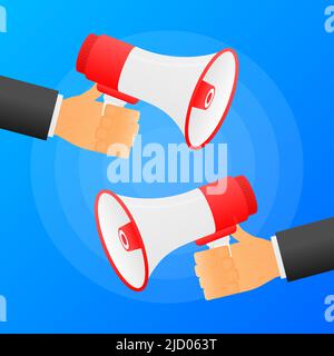 Hands hold two red megaphones. Flat loudspeacker on blue background. Vector illustration. Stock Vector