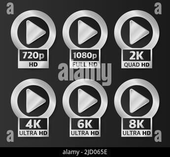 Video Quality Badges in silver color on black background. Hd, Full Hd, 2K, 4K, 6K and 8K. Vector illustration. Stock Vector