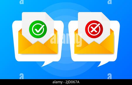 Two envelope with approved and rejected letters on blue background. Quote speech bubble. Vector illustration. Stock Vector